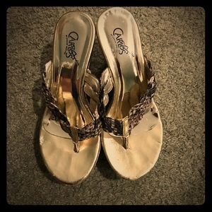 Carlos Santana Leopard Print and Gold Wedges